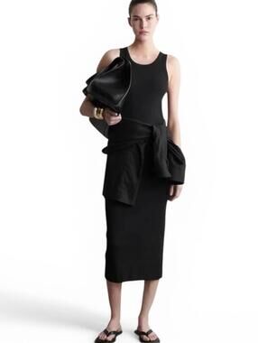 COS Women’s Small Black Ribbed Sleeveless Midi Maxi Dress Minimal Bodycon Cotton